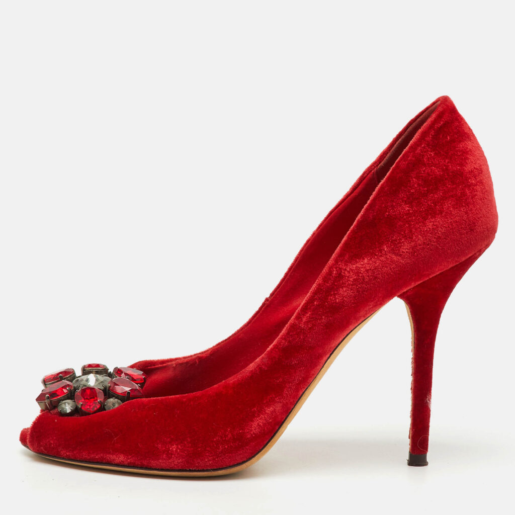 Dolce & Gabbana Red Velvet Taormina Crystal Embellished Peep Toe Pumps Size 38 Dolce & Gabbana Red Velvet Taormina Crystal Embellished Peep Toe Pumps Size 38