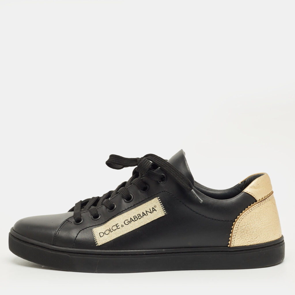 Dolce & Gabbana Black/Gold Portofino Leather Logo Lace Up Sneakers Size 38.5 Dolce & Gabbana Black/Gold Portofino Leather Logo Lace Up Sneakers Size 38.5