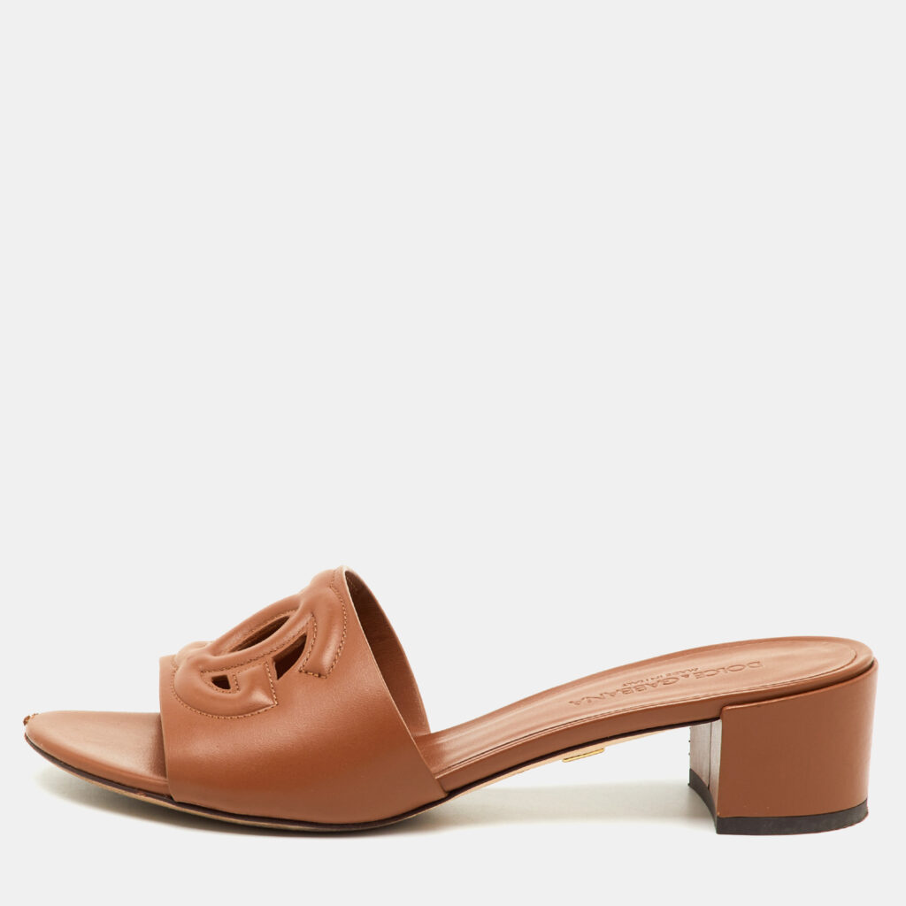 Dolce & Gabbana Brown Leather DG Cut Out Slide Sandals Size 37.5