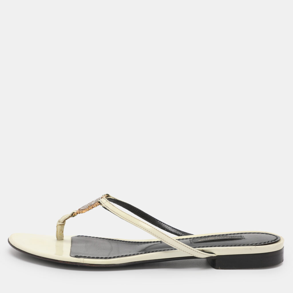 Dolce & Gabbana Cream Patent Leather Thong Sandals Size 37