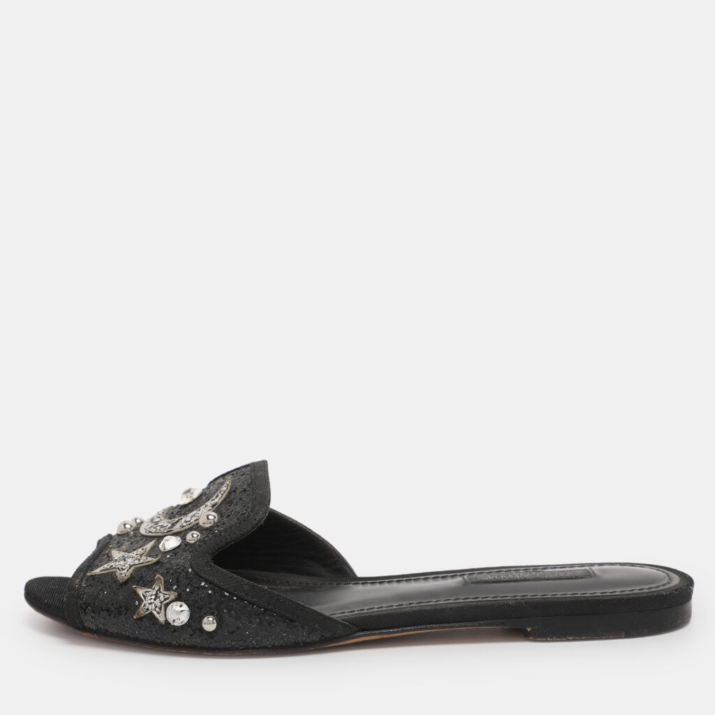 Dolce & Gabbana Black Glitter Bianca Star And Moon Embellished Slide Sandals Size 37 Dolce & Gabbana Black Glitter Bianca Star And Moon Embellished Slide Sandals Size 37