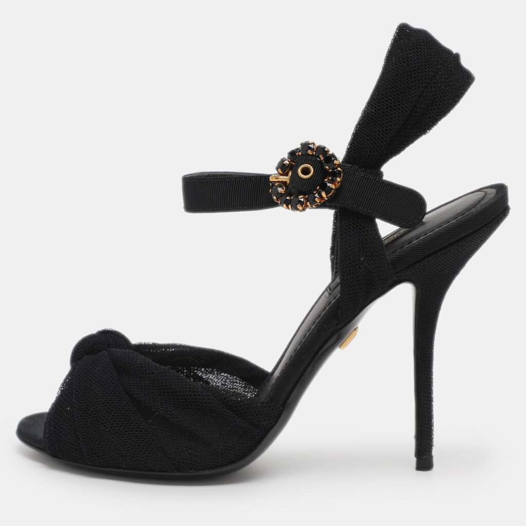 Dolce & Gabbana Black Knotted Mesh and Fabric Ankle Strap Sandals Size 37