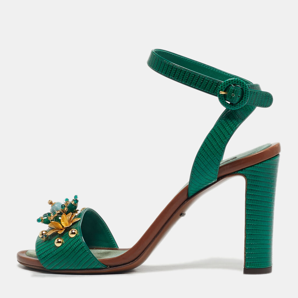 Dolce & Gabbana Green Lizard Embossed Leather Embellished Ankle Strap Sandals Size 40
