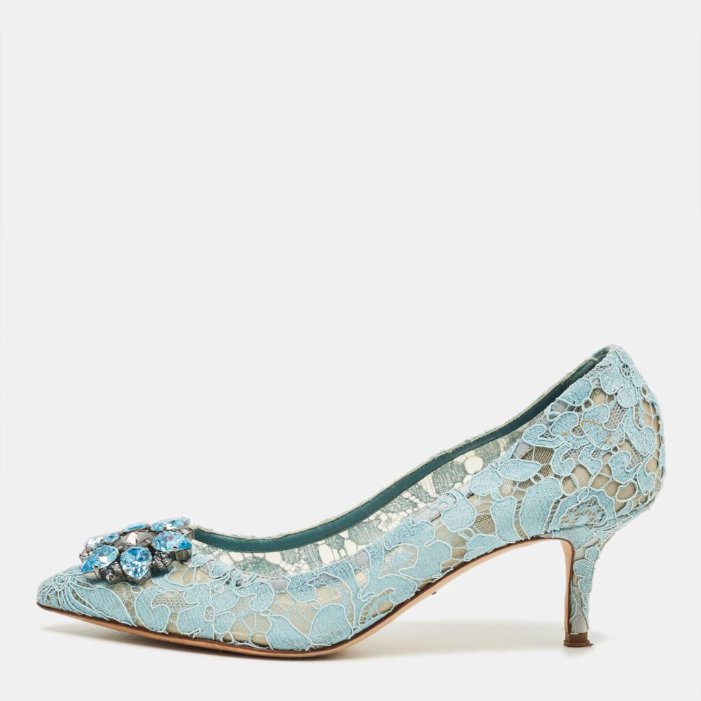 Dolce & Gabbana Blue Lace And Mesh Bellucci Crystal Embellished Pumps Size 39