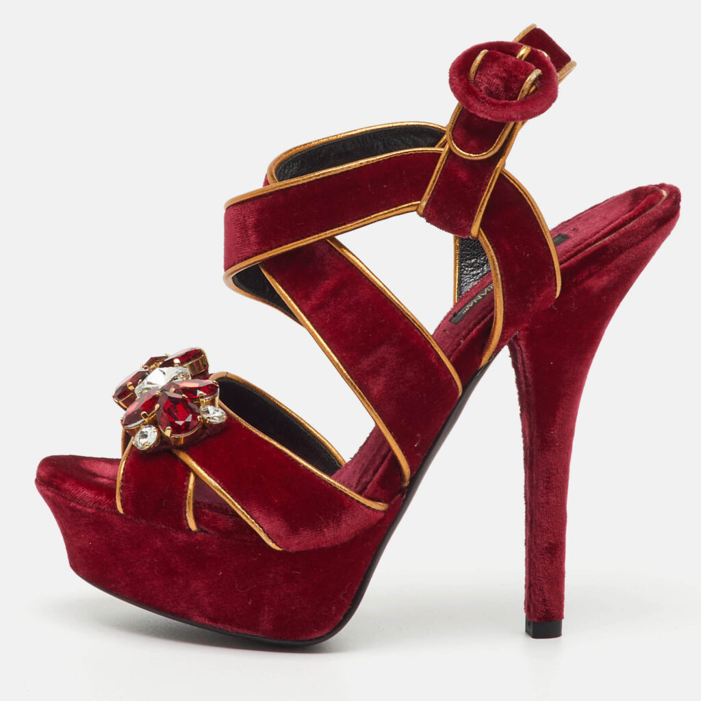 Dolce & Gabbana Red Velvet and Leather Crystal Embellished Platform Sandals Size 36 Dolce & Gabbana Red Velvet and Leather Crystal Embellished Platform Sandals Size 36