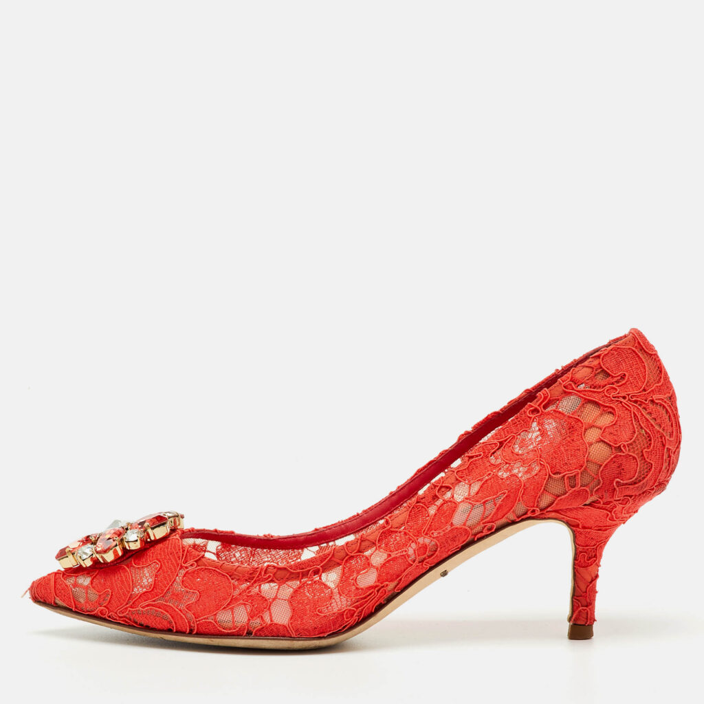 Dolce & Gabbana Orange Lace Crystal Embellished Bellucci Pumps Size 37.5