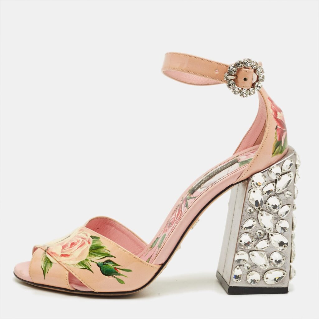 Dolce & Gabbana Pink Flower Print Patent Leather Crystal Embellished Ankle Strap Sandals Size 37