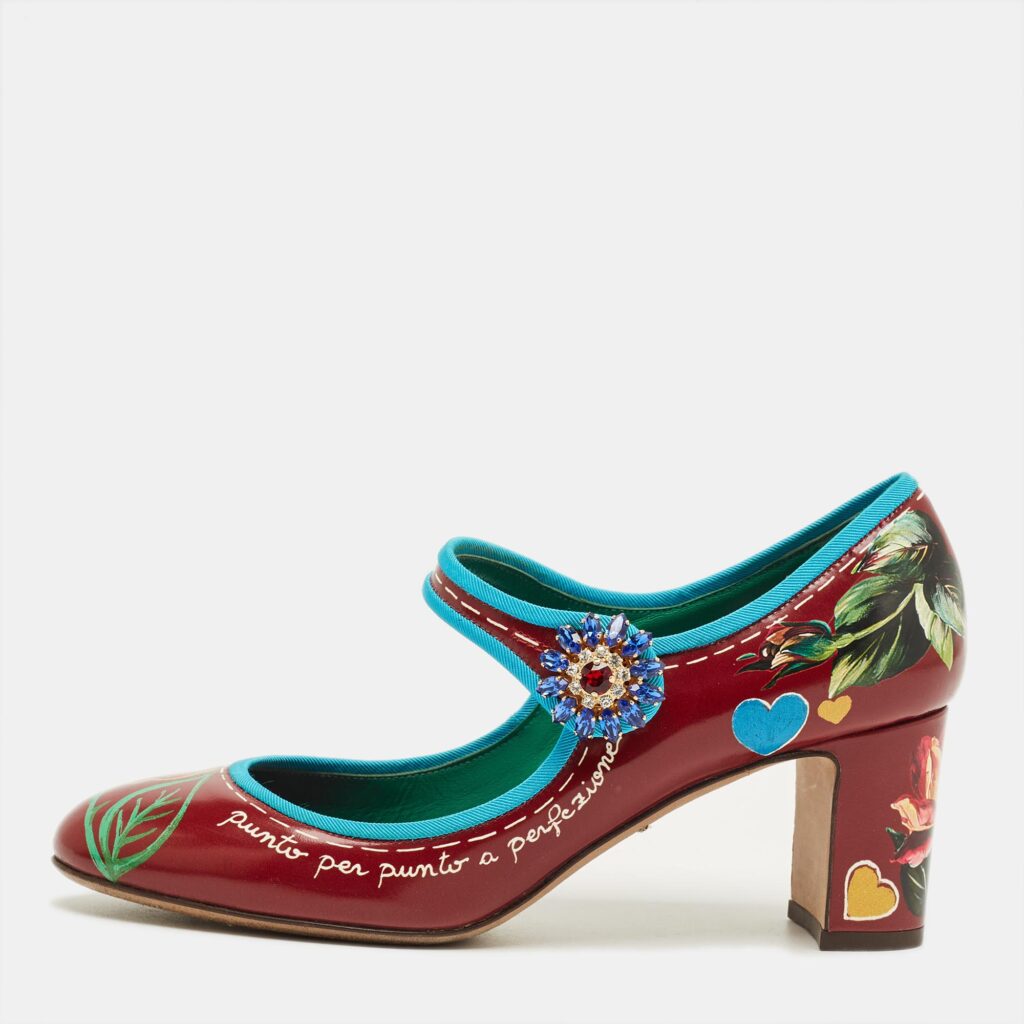 Dolce & Gabbana Burgundy Flower Print Patent Leather Mary Jane Pumps Size 37 Dolce & Gabbana Burgundy Flower Print Patent Leather Mary Jane Pumps Size 37