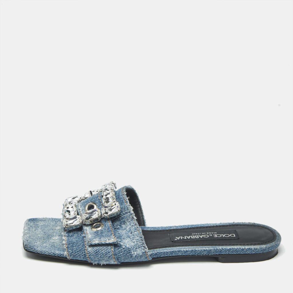 Dolce & Gabbana Blue Denim Crystal Embellished Buckle Flat Slides Size 38
