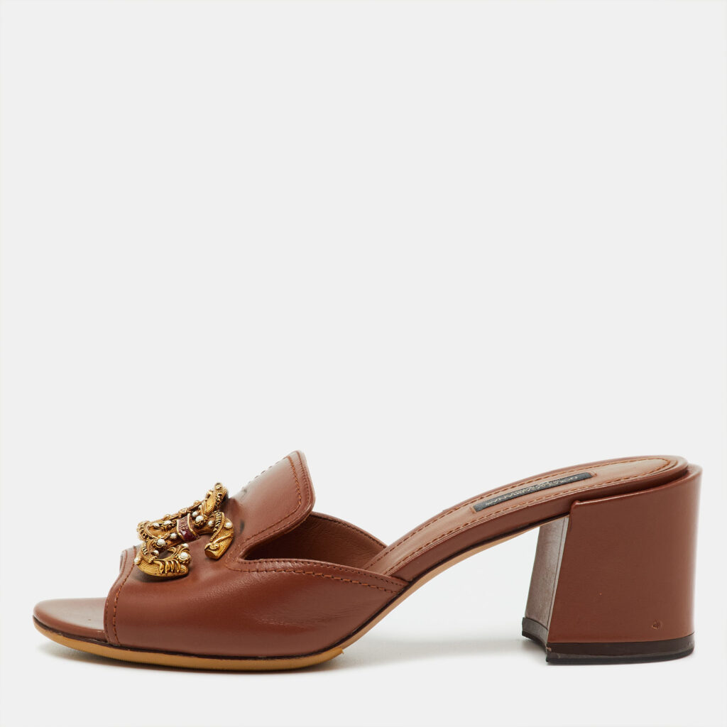 Dolce & Gabbana Brown Leather DG Amore Block Heel Slide Sandals Size 38 Dolce & Gabbana Brown Leather DG Amore Block Heel Slide Sandals Size 38