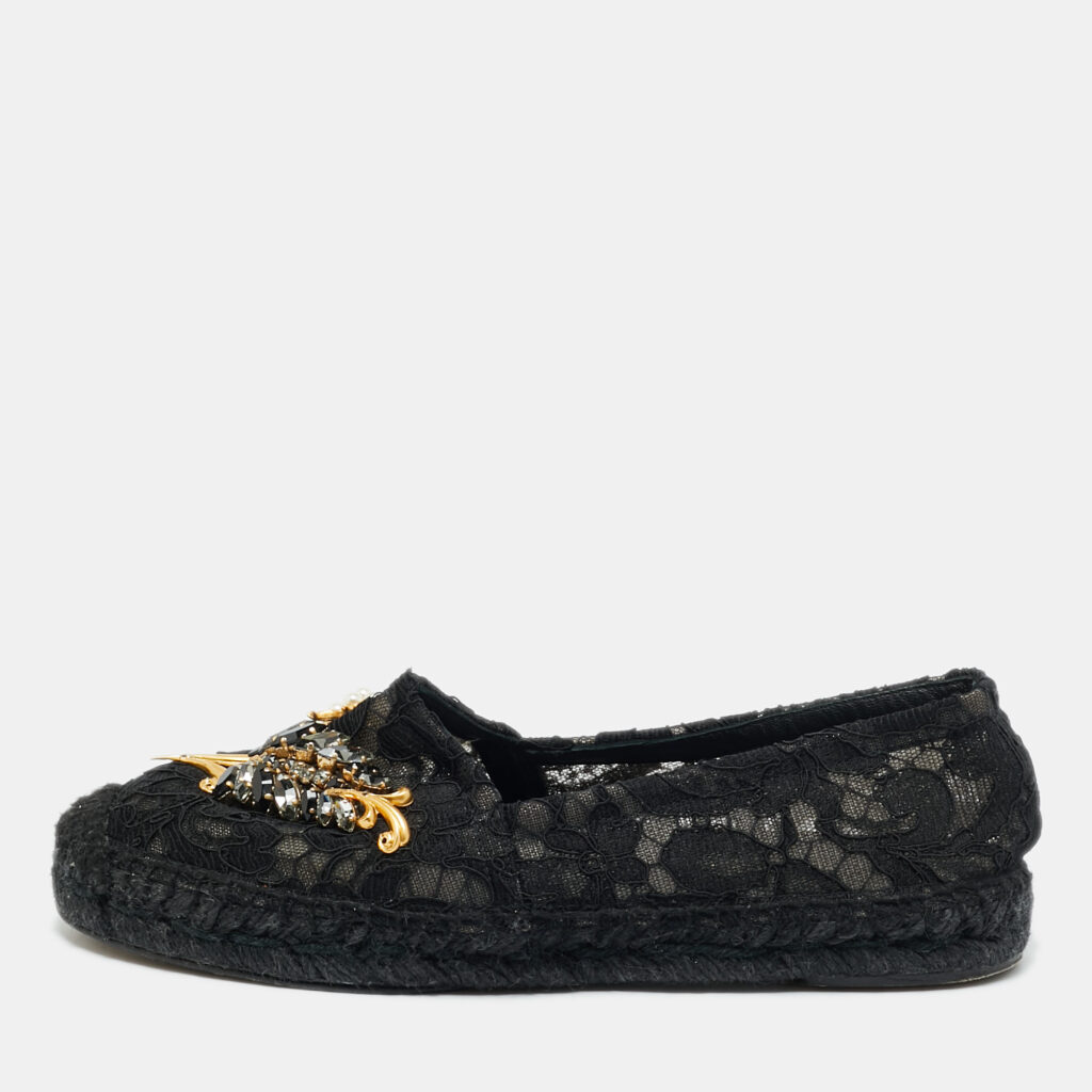 Dolce & Gabbana Black Lace And Mesh Crystal Embellished Espadrille Flats Size 36