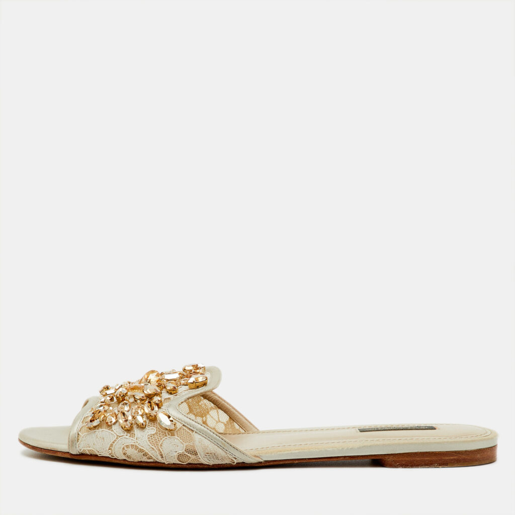 Dolce & Gabbana Off White Lace and Satin Crystal Embellished Bianca Flat Slide Sandals Size 41 Dolce & Gabbana Off White Lace and Satin Crystal Embellished Bianca Flat Slide Sandals Size 41