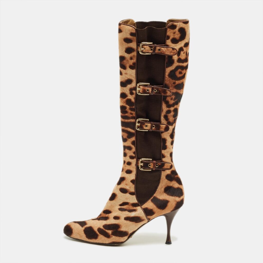 Dolce & Gabbana Brown Leopard Print Calf Hair Knee Length Boots Size 37
