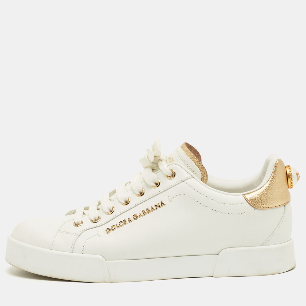 Dolce & Gabbana White/Gold Leather Portofino Low Top Sneakers Size 39
