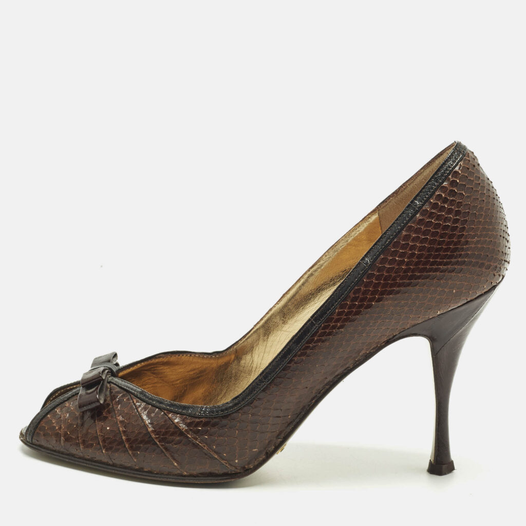 luxury-women-dolcegabbana-used-shoes-p1242807-010.jpg Dolce & Gabbana Brown/Black Python and Leather Double Bow Peep Toe Pumps Size 38.5