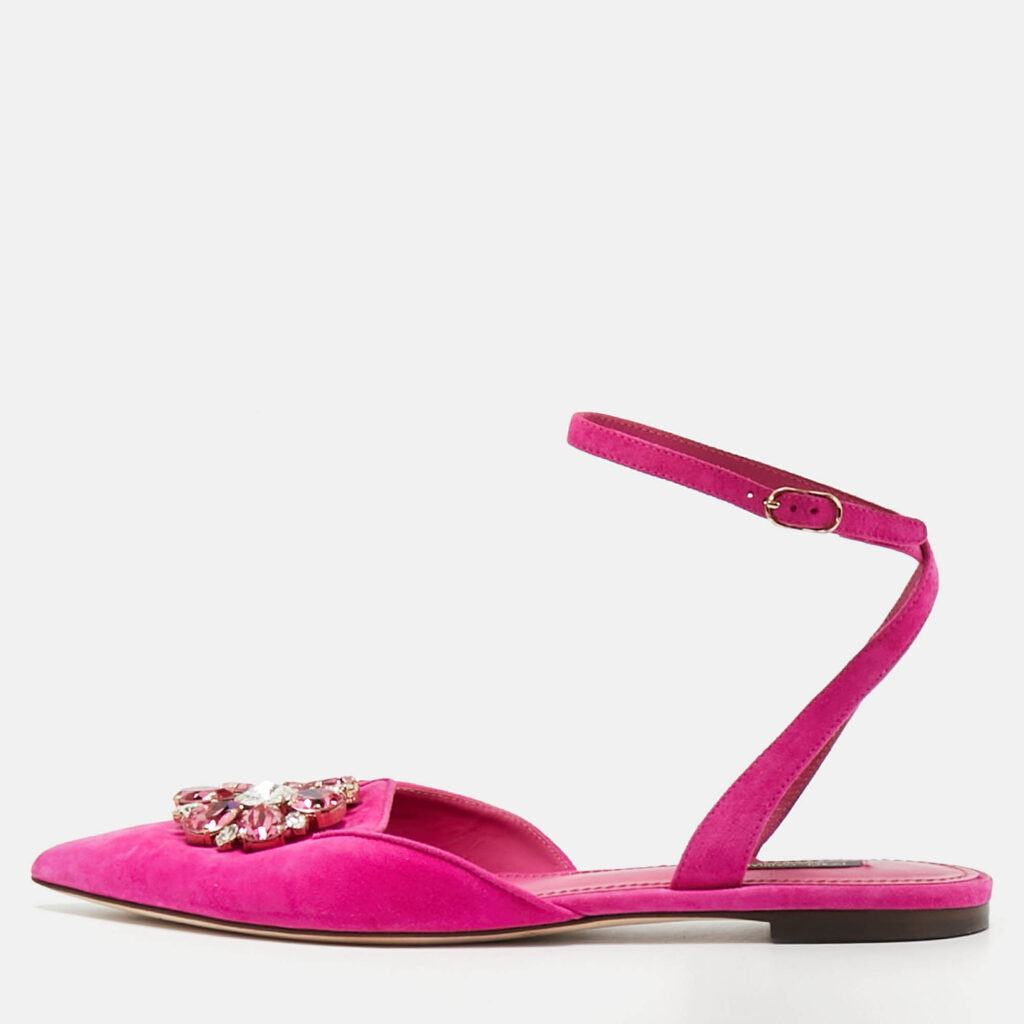 Dolce & Gabbana Pink Suede Crystal Embellish Bellucci Ankle Strap Flats Size 38 Dolce & Gabbana Pink Suede Crystal Embellish Bellucci Ankle Strap Flats Size 38
