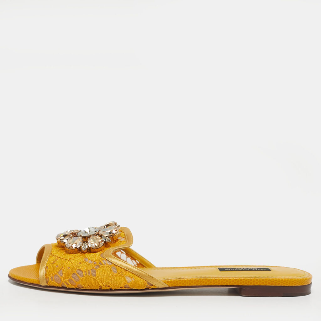 Dolce & Gabbana Yellow/Gold Lace and Satin Crystal Embellish Flat Slide Size 38 Dolce & Gabbana Yellow/Gold Lace and Satin Crystal Embellish Flat Slide Size 38