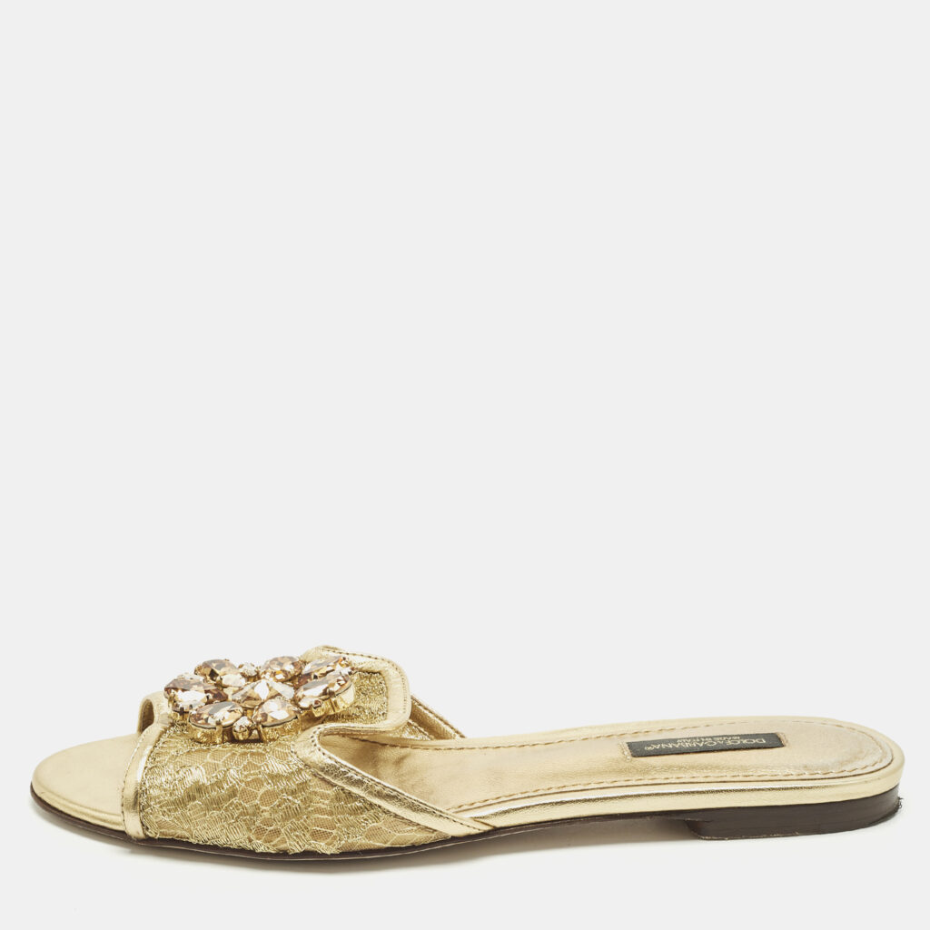 luxury-women-dolcegabbana-used-shoes-p1246135-001-1.jpg Dolce & Gabbana Bianca Size 37 Gold Lace and Leather Flat Slides