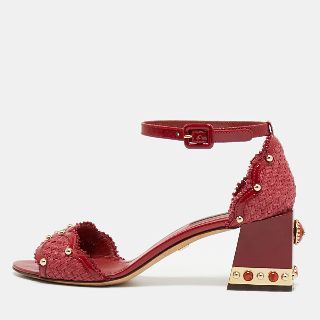 Dolce & Gabbana Size 37.5 Red Patent Leather and Straw Ankle Strap Block Heel Sandals