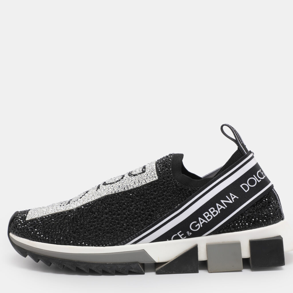 Dolce & Gabbana Sorrento Size 40 Black Crystals and Knit Fabric Slip On Sneakers Dolce & Gabbana Sorrento Size 40 Black Crystals and Knit Fabric Slip On Sneakers