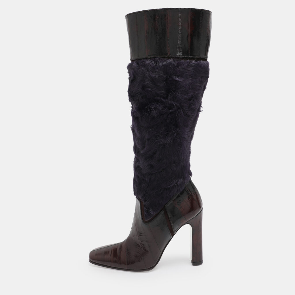 Dolce & Gabbana Size 39 Purple/Brown Calf Hair and Eel Leather Knee Length Boots Dolce & Gabbana Size 39 Purple/Brown Calf Hair and Eel Leather Knee Length Boots