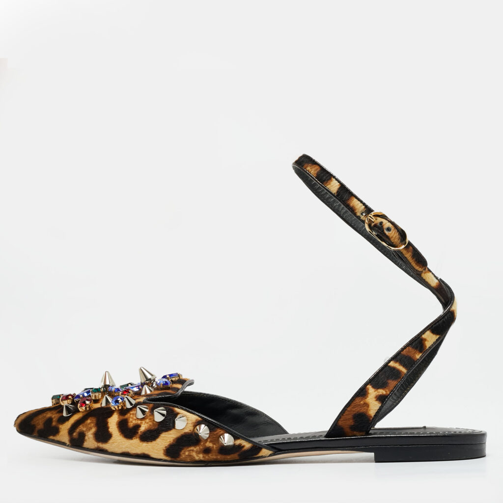 Dolce & Gabbana Size 38 Brown Leopard Print Calf Hair Studded Ankle Strap Flats