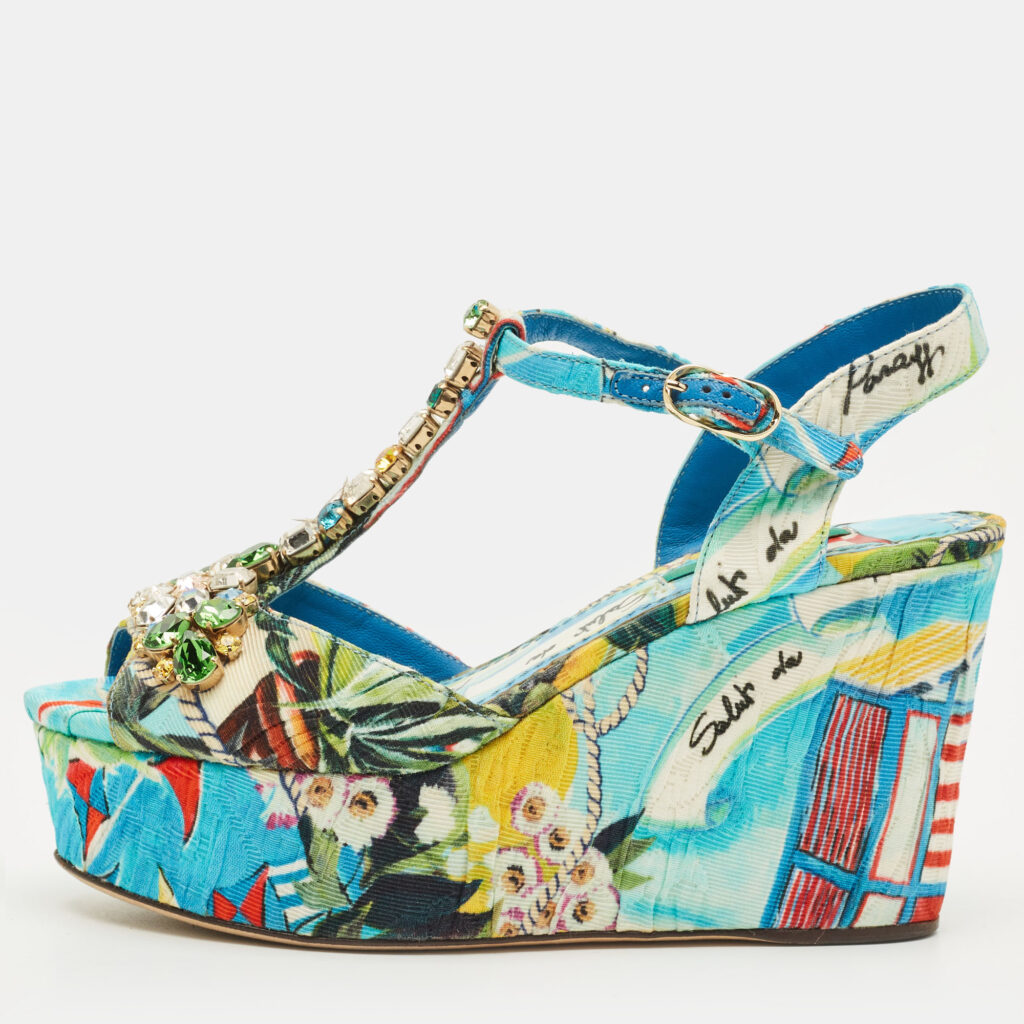 Dolce & Gabbana Size 35.5 Multicolor Printed Canvas Crystal Embellished Wedge T-Strap Sandals Dolce & Gabbana Size 35.5 Multicolor Printed Canvas Crystal Embellished Wedge T-Strap Sandals