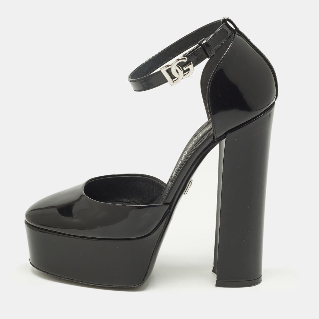 Dolce & Gabbana Size 37 Black Patent Leather Platform Ankle Pumps