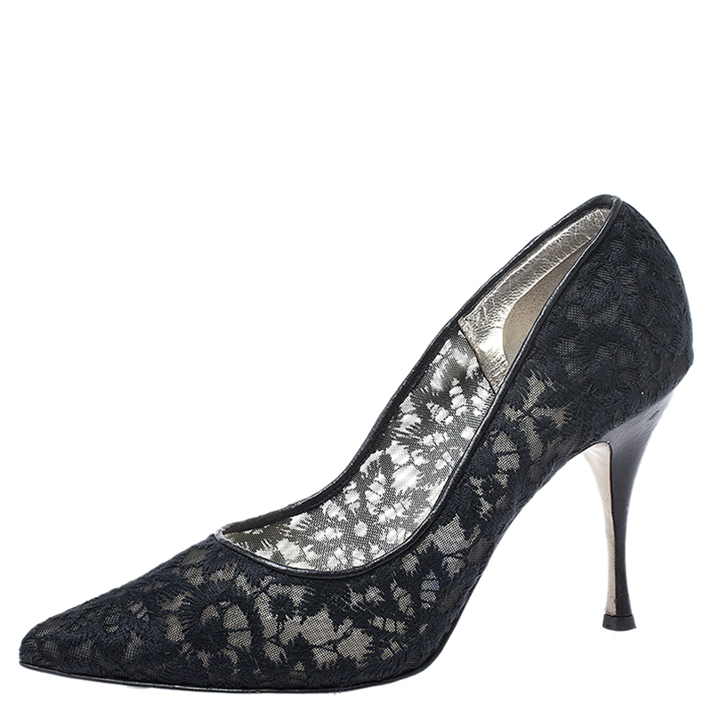 Dolce & Gabbana Black Embroidered Mesh And Leather Trim Pointed Toe Pumps Size 40 Dolce & Gabbana Black Embroidered Mesh And Leather Trim Pointed Toe Pumps Size 40