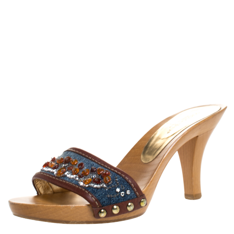 Dolce & Gabbana Blue/Brown Denim And Leather Trim Embellished Slide Sandals Size 36 Dolce & Gabbana Blue/Brown Denim And Leather Trim Embellished Slide Sandals Size 36