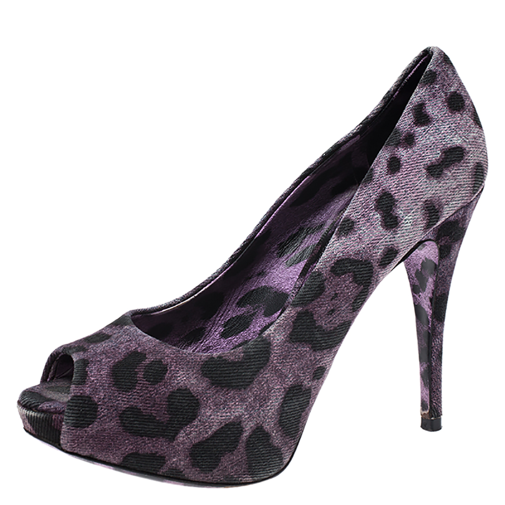 Dolce & Gabbana Purple/Black Leopard Print Canvas Peep Toe Pumps Size 37 Dolce & Gabbana Purple/Black Leopard Print Canvas Peep Toe Pumps Size 37
