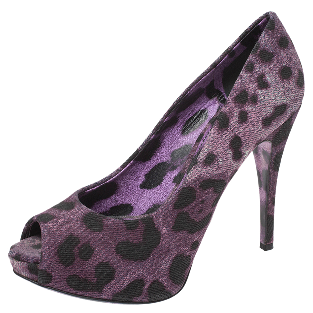 Dolce & Gabbana Purple/Black Leopard Print Denim Peep Toe Platform Pumps Size 36.5 Dolce & Gabbana Purple/Black Leopard Print Denim Peep Toe Platform Pumps Size 36.5