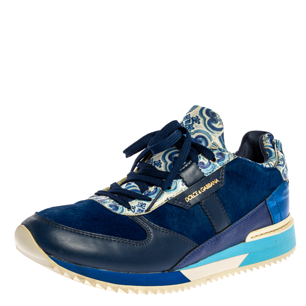 Dolce & Gabbana Blue/White Majolica Print Leather And Pony Hair Platform Sneakers Size 38.5 Dolce & Gabbana Blue/White Majolica Print Leather And Pony Hair Platform Sneakers Size 38.5