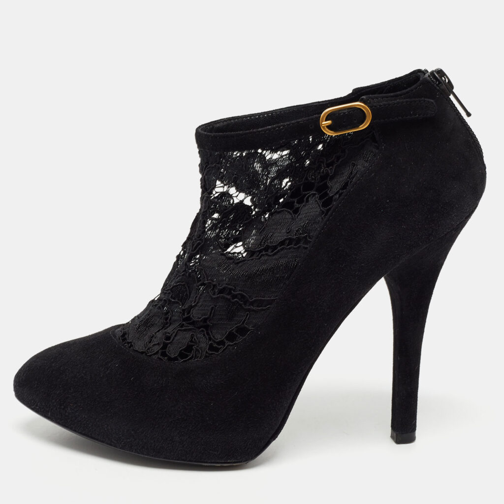 luxury-women-dolcegabbana-used-shoes-p769392-010-1.jpg Dolce & Gabbana Black Suede and Lace Pointed Toe Booties Size 38.5