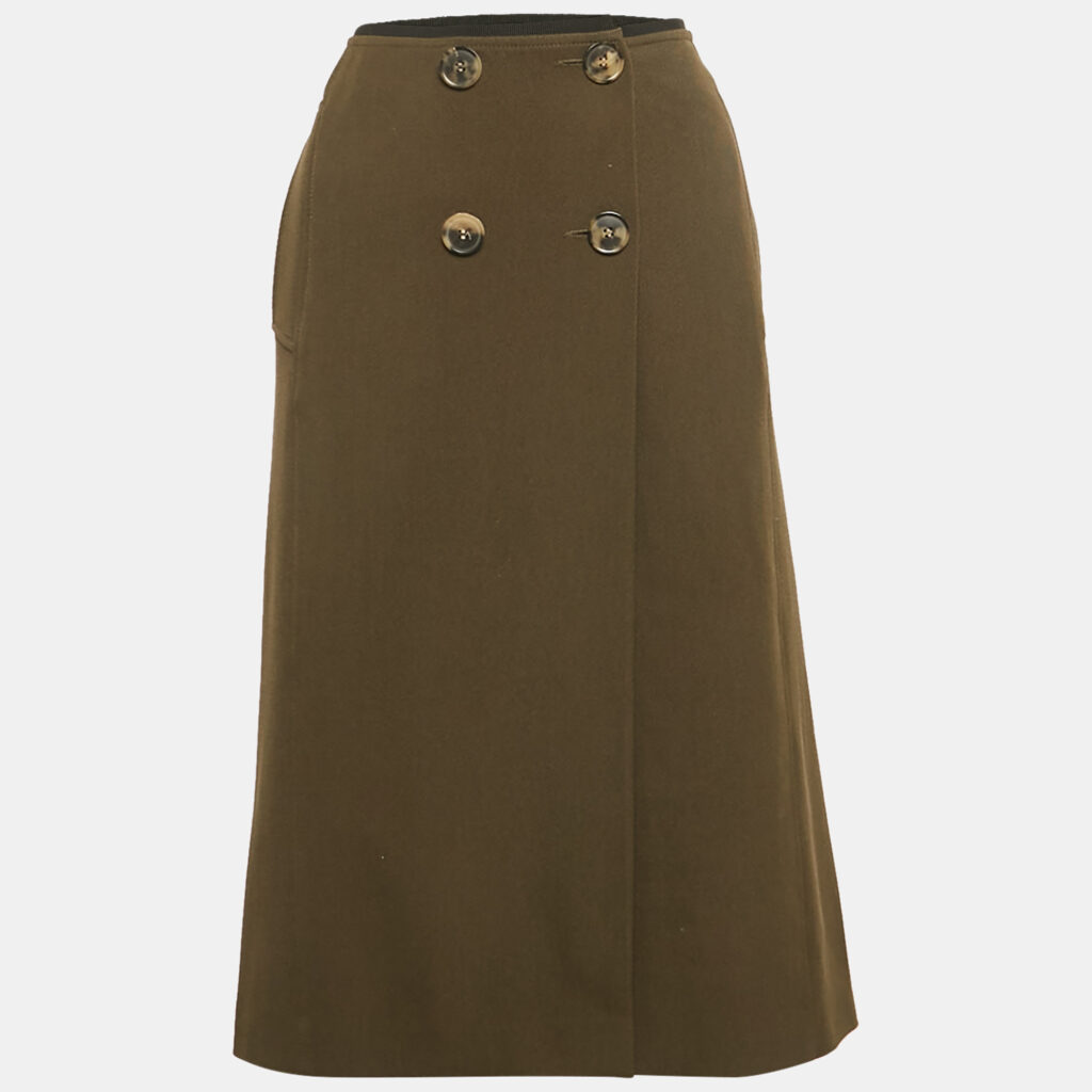 Dries van Noten Green Wool Drill Button Detail Midi Skirt L Dries van Noten Green Wool Drill Button Detail Midi Skirt L