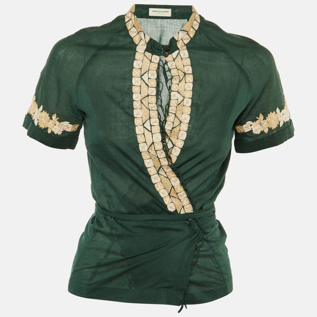 Dries van Noten Green Embroidered Cotton Wrap Top S Dries van Noten Green Embroidered Cotton Wrap Top S