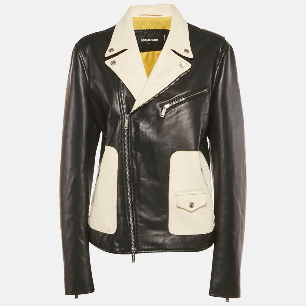 Dsquared2 Black/White Leather Biker Jacket XL