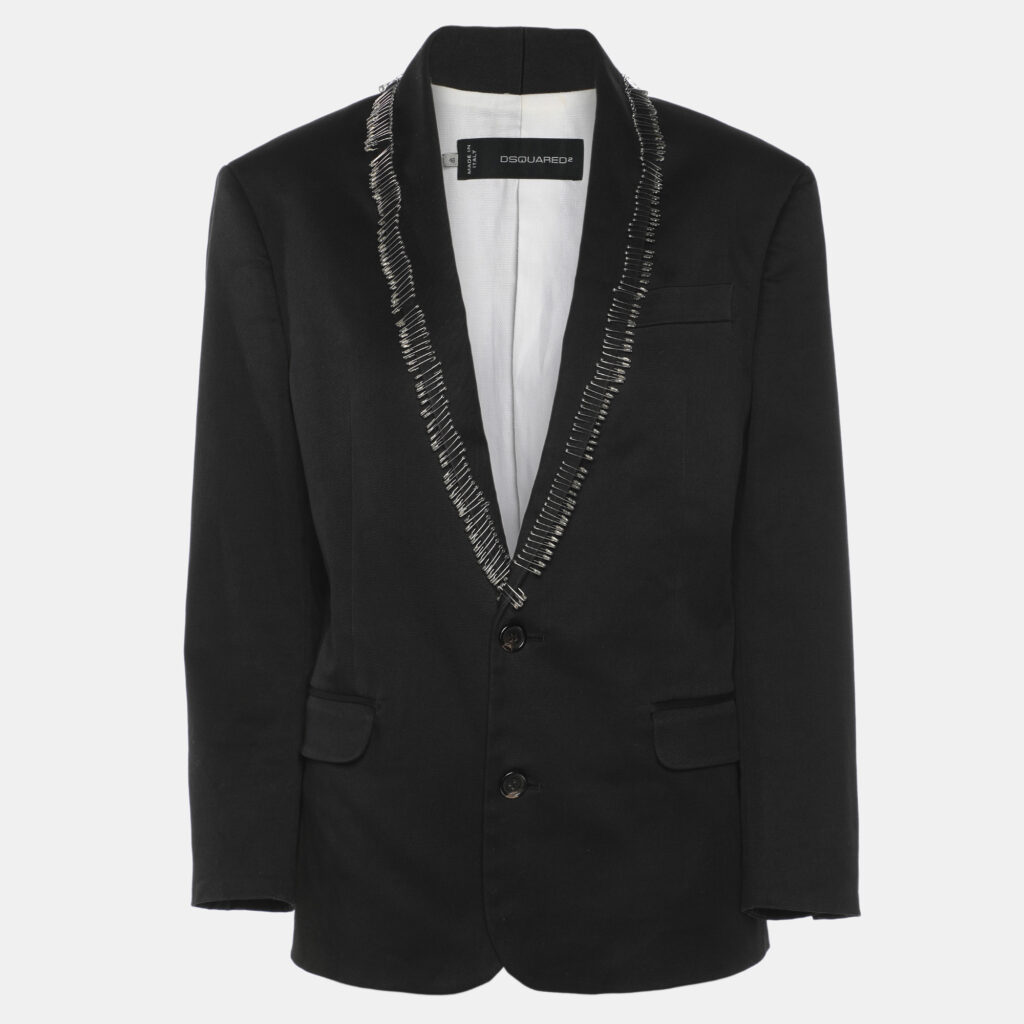 Dsquared2 Black Gabardine Fabric Safety Pin Collar Blazer L Dsquared2 Black Gabardine Fabric Safety Pin Collar Blazer L