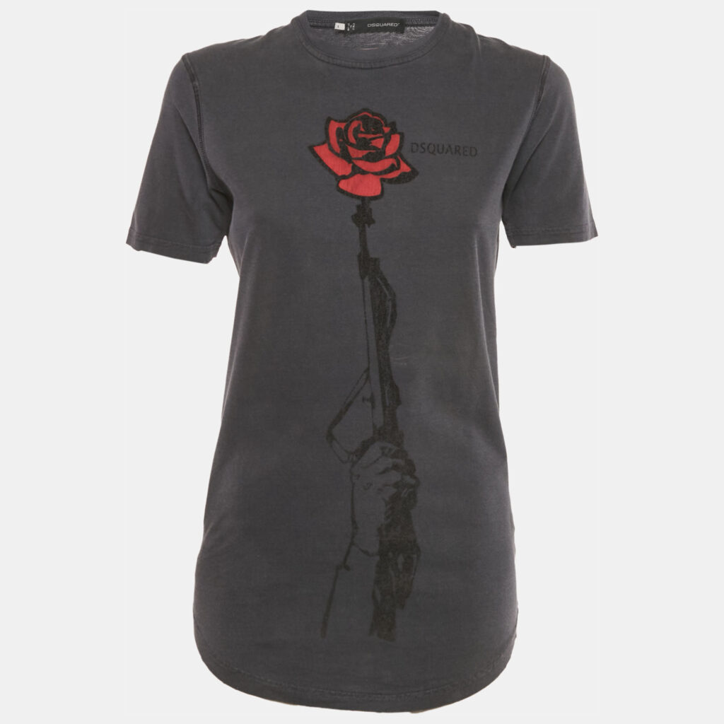 Dsquared2 Grey Textured Rose Print Jersey T-Shirt S Dsquared2 Grey Textured Rose Print Jersey T-Shirt S