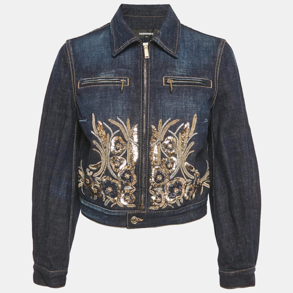 Dsquared2 Navy Blue Sequin Embroidered Denim Jacket M