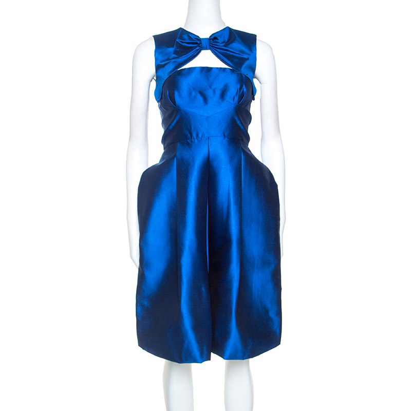 Dsquared2 Blue Silk Bow Neckline Balloon Hem Dress S Dsquared2 Blue Silk Bow Neckline Balloon Hem Dress S