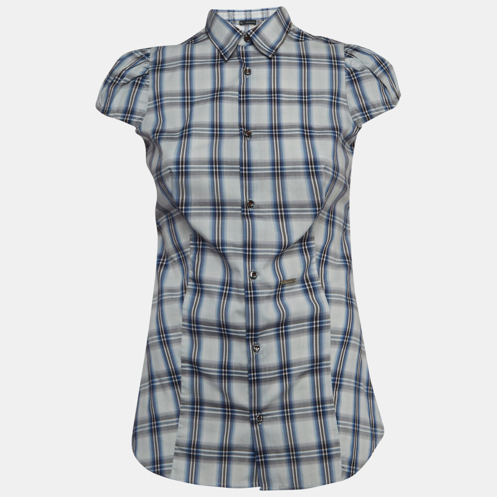 luxury-women-dsquared2-used-clothes-p960390-001.jpg Dsquared2 Blue Checked Cotton Buttoned Short Puff Sleeve Shirt M