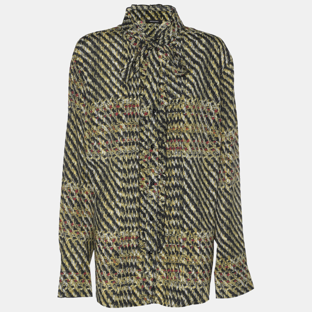 Elena Miro Multicolor Tweed Print Crepe Pintuck Neck Tie Shirt L Elena Miro Multicolor Tweed Print Crepe Pintuck Neck Tie Shirt L