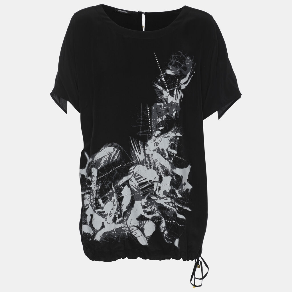 Elena Miro Black Printed and Crystal Embellished Drawstring Tops L Elena Miro Black Printed and Crystal Embellished Drawstring Tops L