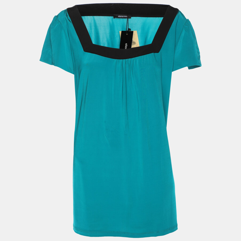 Elena Miro Green/Black Jersey Square Neck Cap Sleeve Top L Elena Miro Green/Black Jersey Square Neck Cap Sleeve Top L