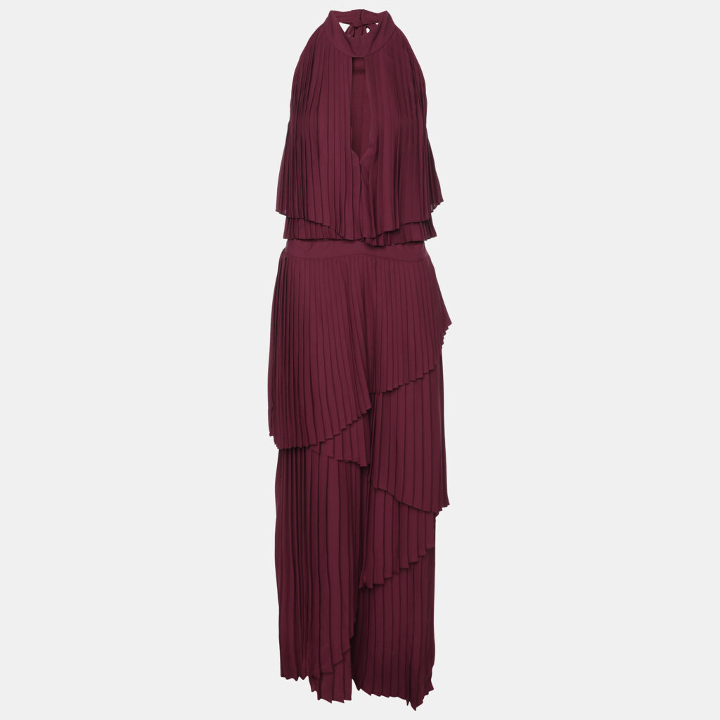 Elie Saab Burgundy Polyester Halterneck Pleated Long Dress M Elie Saab Burgundy Polyester Halterneck Pleated Long Dress M