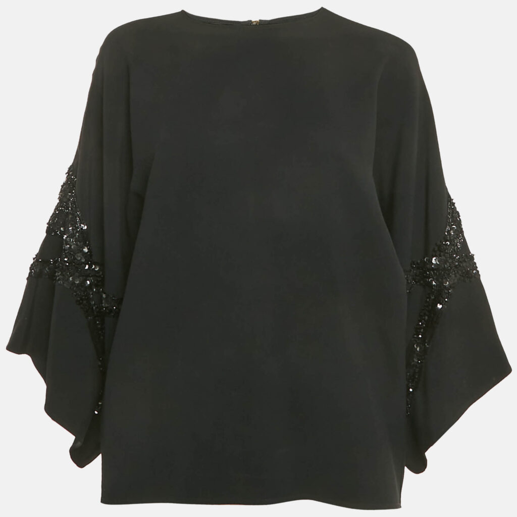 Elie Saab Black Sequin Embroidered Detail Crepe Tunic Blouse S