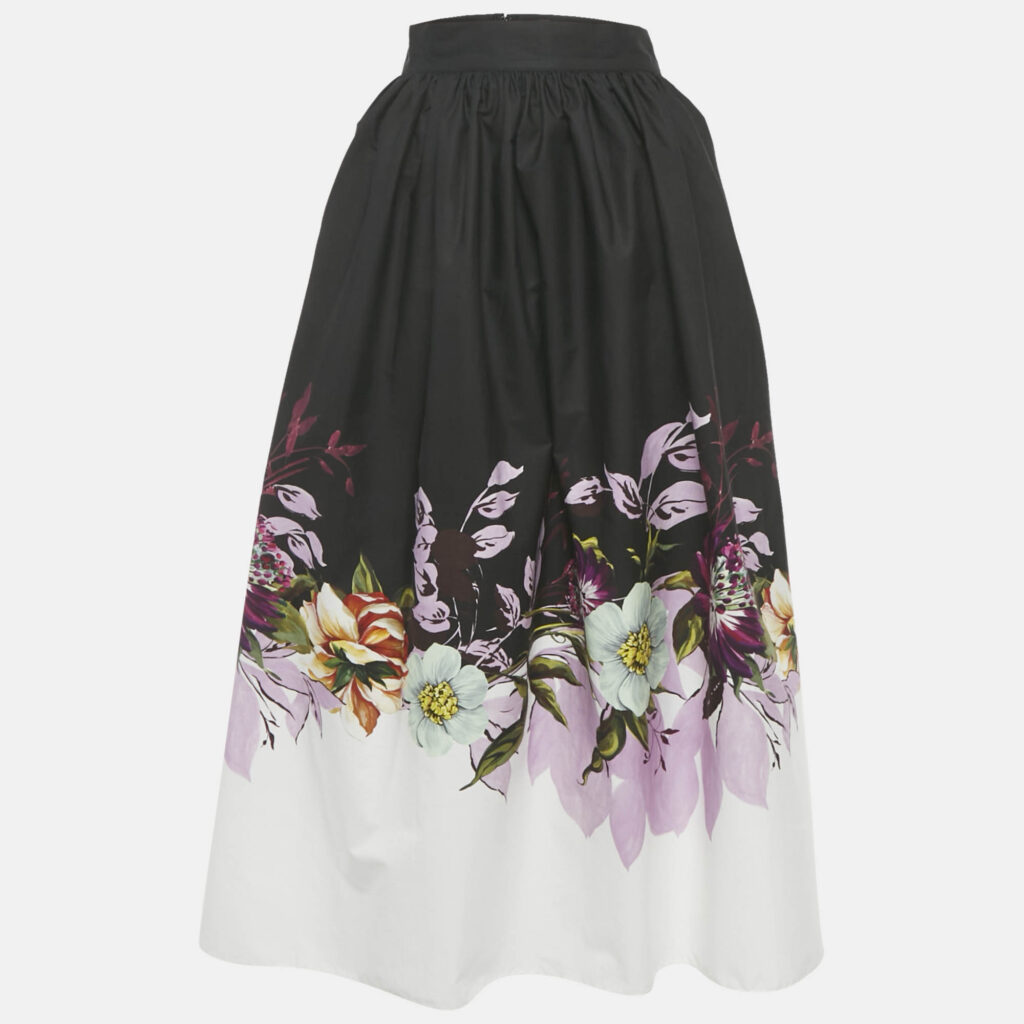 Elie Saab Black Floral Print Poplin Gathered Midi Skirt M Elie Saab Black Floral Print Poplin Gathered Midi Skirt M