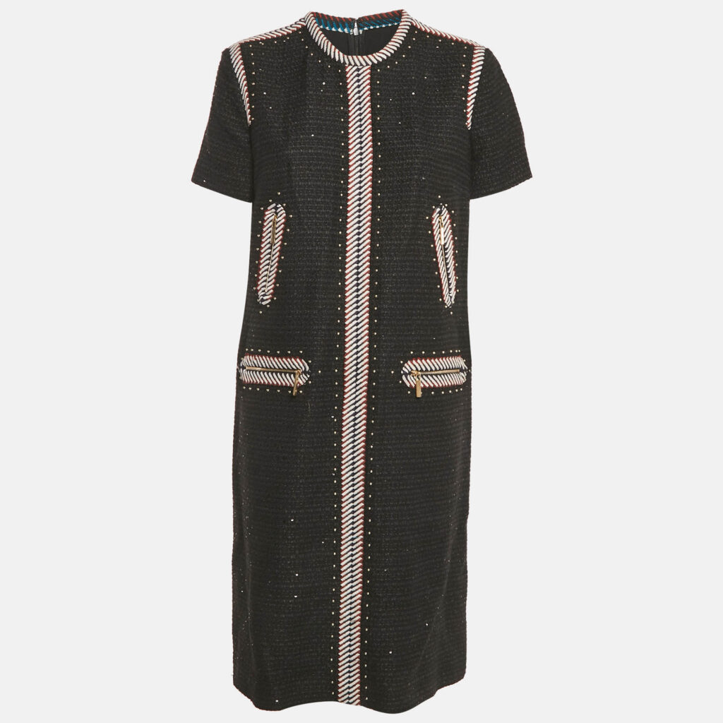 Elie Saab Black Sequin Tweed Embroidered Detail Midi Dress M