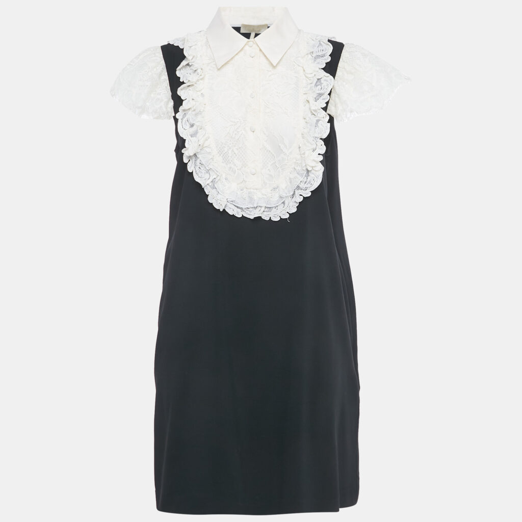 Elie Saab Black/White Lace Trim Crepe Mini Dress M Elie Saab Black/White Lace Trim Crepe Mini Dress M